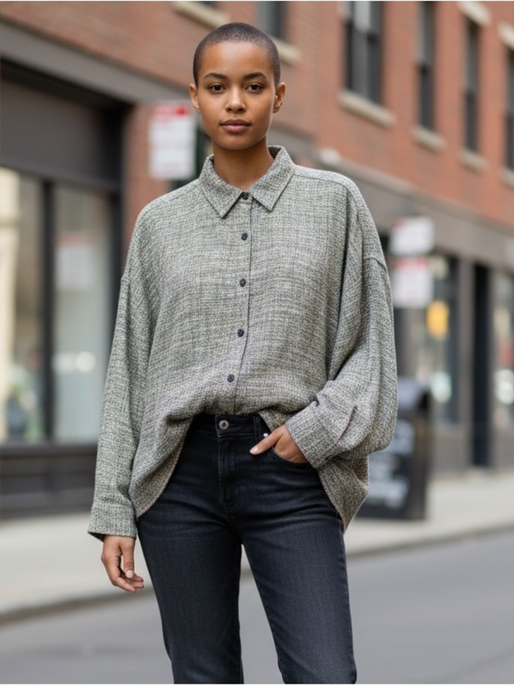 Eileen Fisher Woven cotton top/jacket. Black & White